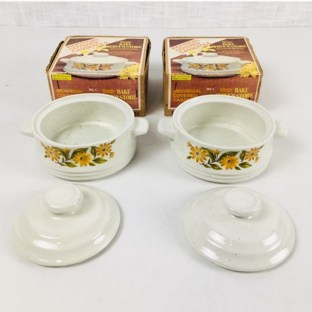 2 NWT Vtg Capri Bake Serve'n Store Individual Covered Stoneware Casserole Dishes